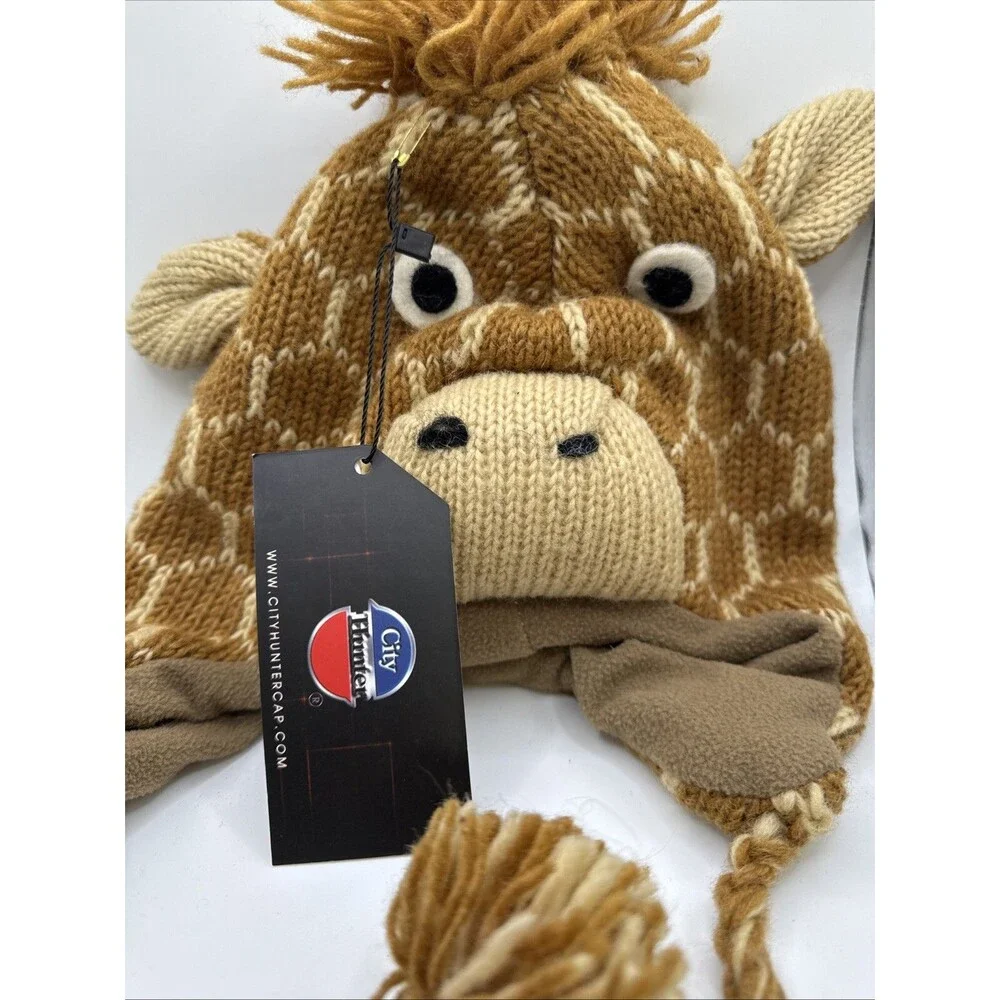 City Hunter Warm Lined Wool Knit Pilot Ski Hat Animal Giraffe Beanie Kids Youth